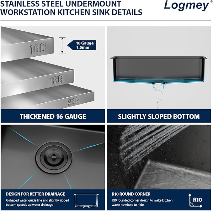 Logmey 33" Black Undermount Kitchen Sink 33x19 NANO-PVD All in One Workstation Sink 16 Gauge Stainless Steel Single Bowl for Heavy-Duty Use,Home Chef & Modern Kitchen Prep