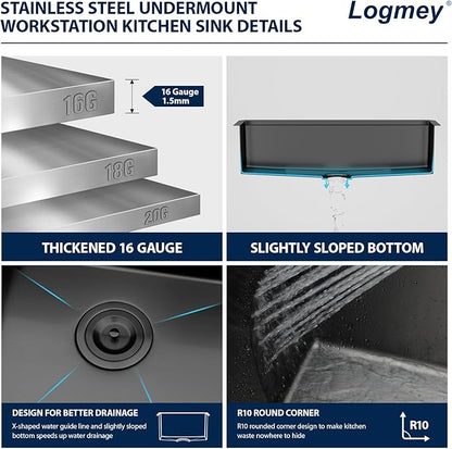 32 Black Kitchen Sink - Logmey 32x19 Inch Undermount Gunmetal Black Ledge Workstation Sink 16 Gauge Single Bowl Sink with Accessories