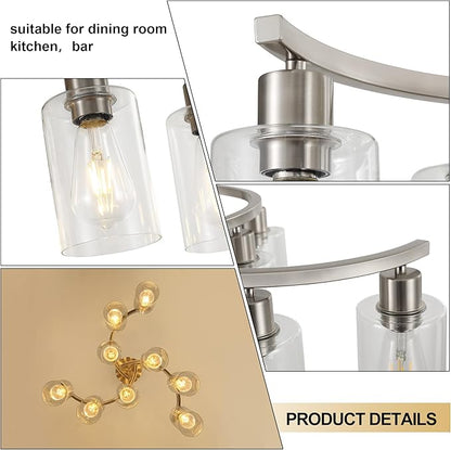 CNRATYE 9-Light Brushed Nickel Glass Chandelier, Adjustable Height Hanging Industrial Dining Room Chandelier Over Table, Modern Farmhouse Chandelier for Kitchen Island Living Room Entryway Bedroom