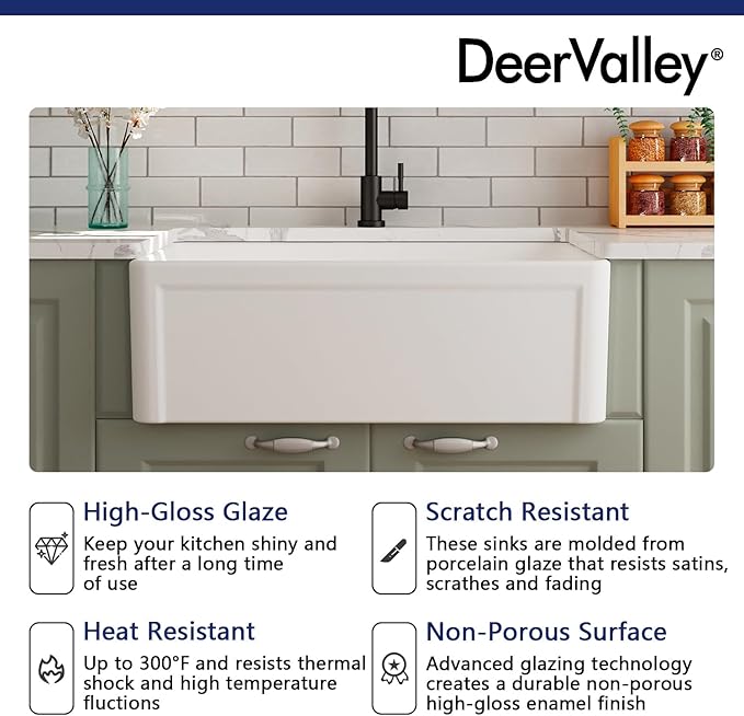DeerValley Farmhouse Kitchen Sink 30 Inch, Ceramic White Farm Apron Front Sink, Drop in Single Bowl Sinks with Bottom Grid and Strainer