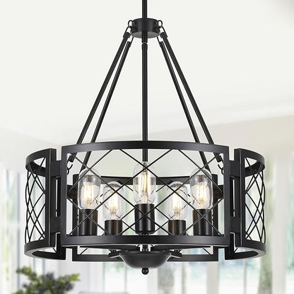 Sigaitwei 5-Light Farmhouse Chandelier Rustic Black Chandelier for Dining Room,Adjustable Pendant Light,Drum Chandelier for Kitchen Island Entryway Bedroom Hallway,18.9'',E26.