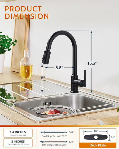 WOWOW Kitchen Faucets with Pull Down Sprayer, Matte Black Kitchen Sink Faucet with Sprayer, 304 Stainless Steel High Arc Single Handle Pull Down 3 Hole Black Bar Sink Water Faucets for Rv Sink Faucet