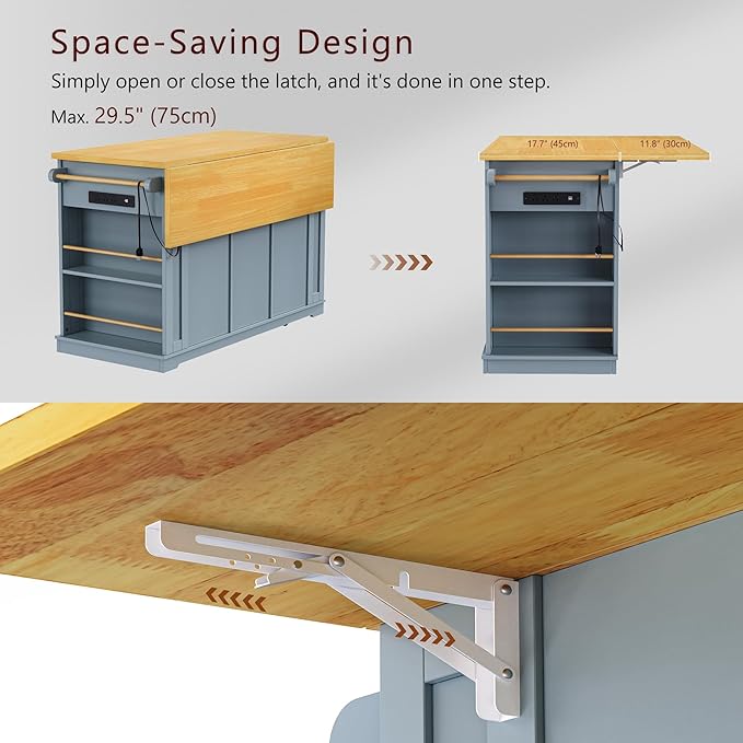 YOPTO 53" Large Kitchen Island Set with 2 Bar Stools, Power Outlet & Storage, Drop Leaf, 3 Drawers & 5 Open Racks, Grey Blue