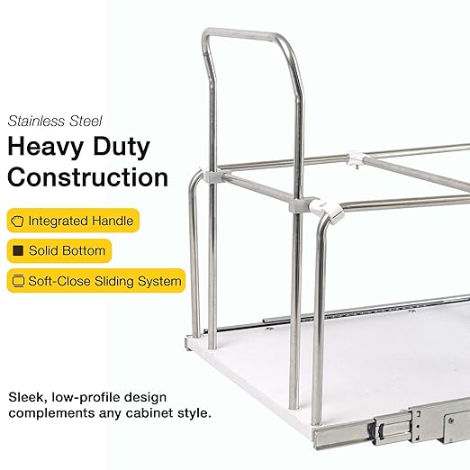 Pull Out Trash Can Rack for Cabinet Kitchen, Adjustable Soft-Close Heavy Duty Steel Frame, Narrow Garbage Bin Holder with Solid Bottom Base Under Counter, 11" W, No Bin