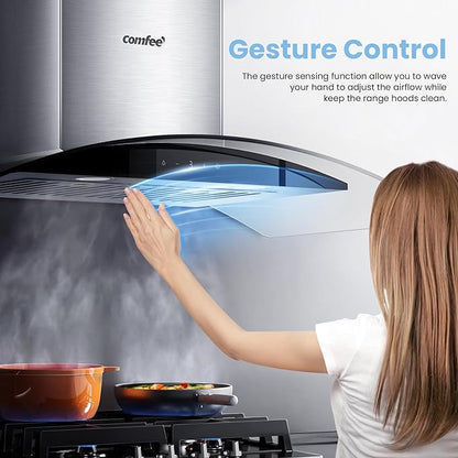 COMFEE' Curved Glass Range Hood 36 Inch 450 CFM 3 Speed Gesture Sensing &Touch Control Panel Stainless Steel Kitchen Ductless/Ducted Convertible with Baffle Filters and 2 LED Lights (CVG36W9AST)