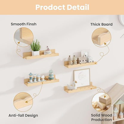 Fun Memories Picture Ledge Shelf for Wall, 16 inch Pine Wood Nursery Book Shelves Set of 4- Wall Book Shelves for Kids Room, Home Decor - Kitchen Spice-Natural