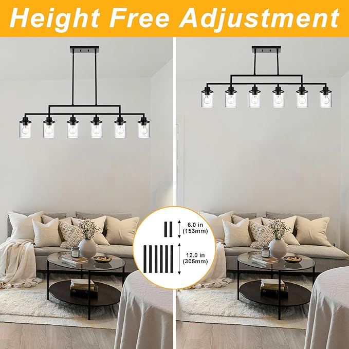 Yaohong 6-Light Black Linear Chandelier for Dining Room, Farmhouse Kitchen Island Light Fixture with Clear Glass Shades, Adjustable Ceiling Hanging Light for Dining Table and Living Room