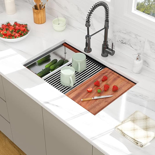 30 Black Undermount Kitchen Sink - 30x19 Gunmetal Black Double Bowl Kitchen Sinks Workstation 16 Gauge Stainless Steel Sink Low Divide Double Basin 50/50