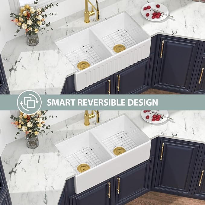 33 Double Bowl Farmhouse Sink - Kichae 33X20 Inch Kitchen Sink Reversible Apron Front Fireclay Ceramic Porcelain White Double Basin 50/50 Kitchen Sink