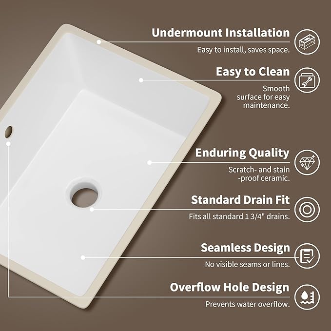 DeerValley 18 x 13.5 Inch Undermount Bathroom Sink, White Ceramic Under Counter Bathroom Sinks, Modern Lavatory Vanity Bath Wash Bowl Basin with Overflow