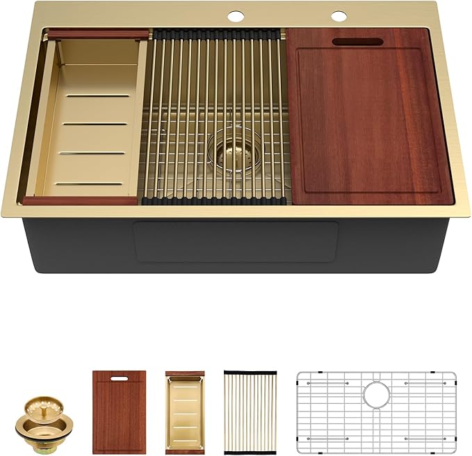 Sarlai 33 Gold Drop In Sink 33x22 Inch Drop In Kitchen Sink Gold Ledge Workstation Sink 16 Gauge Stainless Steel Single Bowl Topmount Sinks Basin
