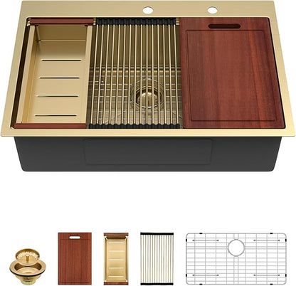Sarlai 33 Gold Drop In Sink 33x22 Inch Drop In Kitchen Sink Gold Ledge Workstation Sink 16 Gauge Stainless Steel Single Bowl Topmount Sinks Basin
