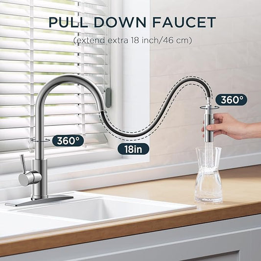 FORIOUS Chrome Kitchen Faucet with Soap Dispenser, High Arc Modern Sink Faucet with Pull Down Sprayer and Deck Plate, Stainless Steel Fit for 1 or 3 Hole for Pot Filler Bar Farmhouse Laundry Rv