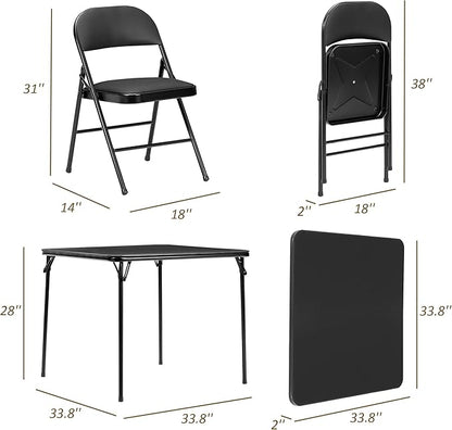 VECELO Folding Card Table and Chair Set of 5 Portable with Padded Tabletop, No Assembly Required, Black