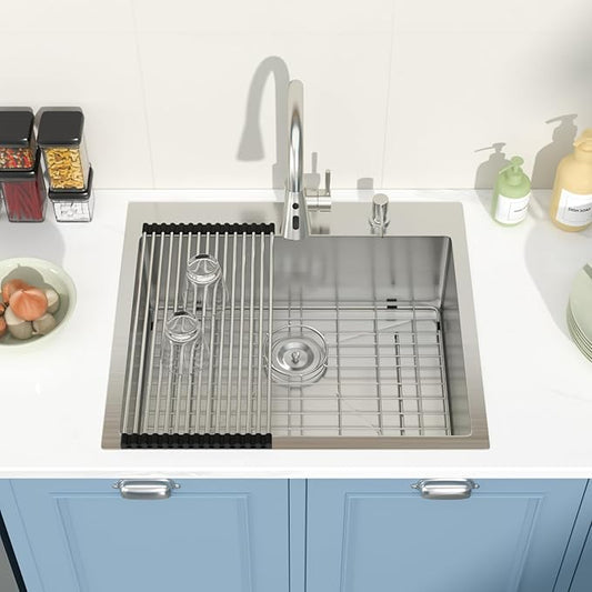25 Drop In Kitchen Sink With Faucet 25x22 Inch Topmount Sink With Faucet Combo Workstation 16 Gauge Stainless Steel Single Bowl Topmount Basin with All Accessories