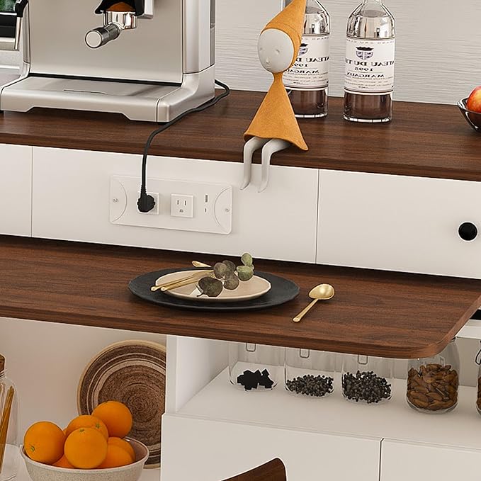 Kitchen Island Set with 2 Solid Wood Chairs, Extendable Rotating Table,with Walnut Veneer Retro Design, 4 Drawers Glass Door Cabinets, Expandable Dining Station for 2 4 Person