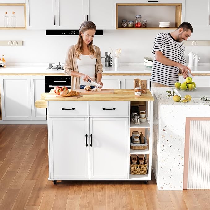 IDEALHOUSE Rolling Kitchen Island Cart with Drop Leaf, Kitchen Storage Cabinet On Wheels with 2 Drawers, 3 Open Spice Racks and Towel Rack,White