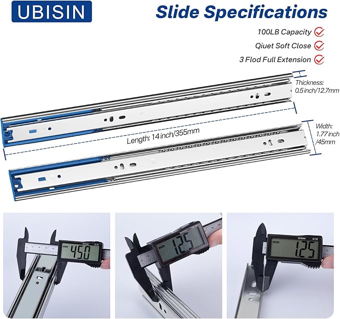 Soft Close Ball Bearing Drawer Slides 14 Inch, 5 Pairs 3-Section Full Extension Drawer Glides Heavy Duty Steel Side Mount Rails for Kitchen Cabinet，Tool Chest，Office Furniture，100 LBS