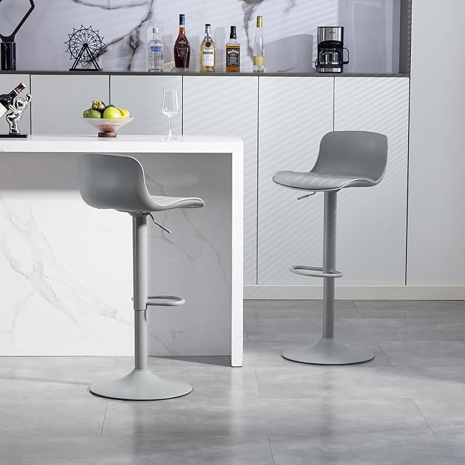 Bar Stools Set of 2 PU Leather Counter Height Bar stools with Back, Height Adjustable Swivel Kitchen Island Chairs, Armless, Large Base Gray AA433