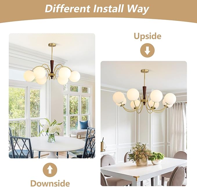 KCO Lighting 8 Light Brass Gold Chandelier White Milk Glass Pendant Light Mid Century Modern Dining Room Chandelier Vintage Chandeliers for Bedroom