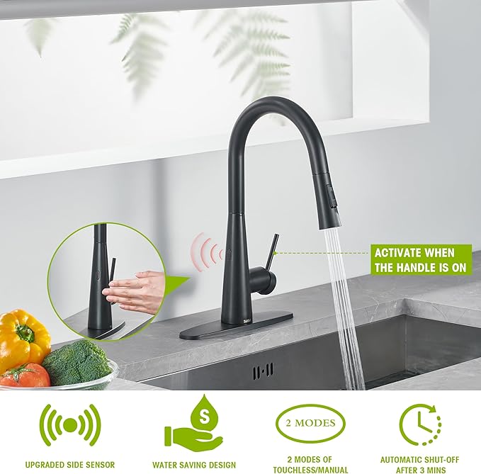 Tohlar Black Touchless Kitchen Faucet with Pull Down Sprayer, Stainless Steel Sensor Kitchen Faucet for Sink 3 Hole, Modern Single Handle Kitchen Sink Faucets with Deck Plate, Matte Black