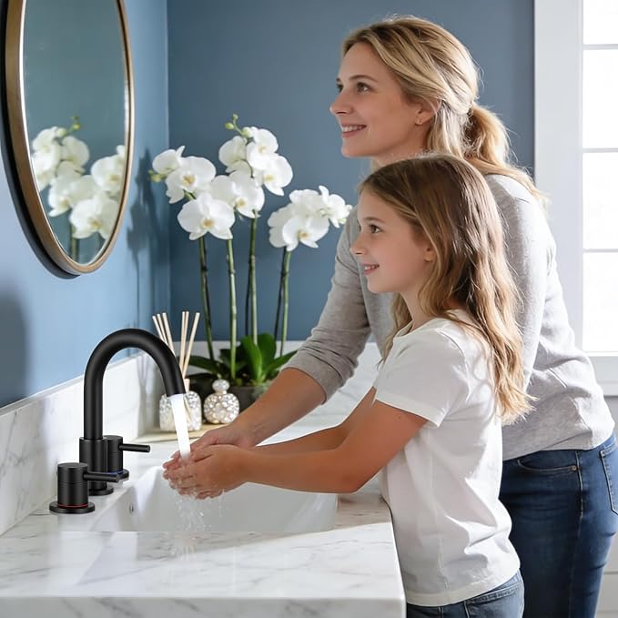 FGKQ Black Bathroom Faucet for Sink 3 Hole, Bathroom Sink Faucet with Pop Up Drain, 8 Inch Widespread Vanity Faucet 3 Hole, 360° Swivel Two Handle with Supply Lines