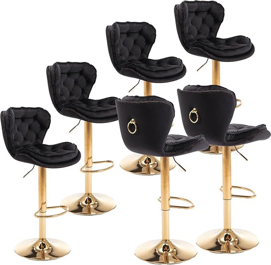 Rhomtree 24-33 Inch Swivel Bar Stools, Adjustable Counter Height Barstools, Velvet Back and Golden Footrest, Bar Chairs for Kitchen Island, Cafe, Bar, Bar Counter, Dining Room, Coffee(Black Set of 6)