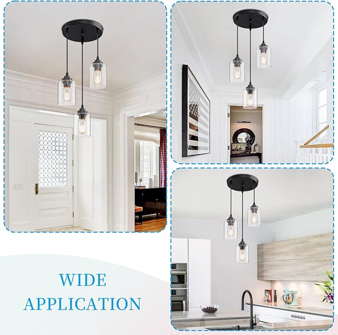 SKEJAO 3-Light Pendant Lighting,3 Pendant Light Fixture for Kitchen Island,Dining Lamp Ceiling Hanging,with Adjustable Cord and Glass Shade for Farmhouse Living Dining Room Bar,Black