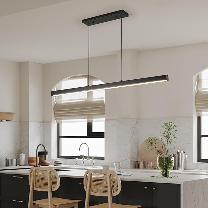 LED Linear Pendant Light Fixtures, 59'' Black Dimmable Island Light with Remote, 3000k-6000K Adjustable Color Temperature, Aluminum Chandelier Lamp Fixture for Kitchen, Dining Room, study room