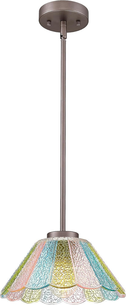 Modern Hanging Light Fixture, HWH Pendant Lights Kitchen Island, 10.4 Inch Farmhouse Pendant Light with Colored Floral Glass, Oil-Rubbed Bronze Finish, 5HJX110MIL ORB-C