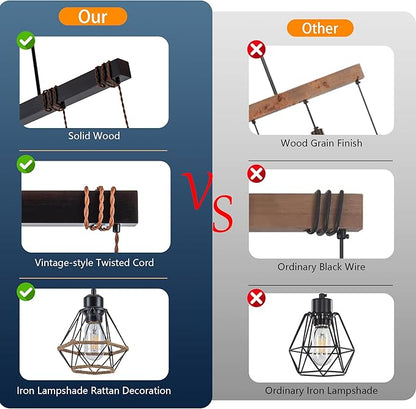 3 Light Kitchen Island Lighting, Farmhouse Chandeliers for Dining Room Light Fixtures Over Table, Modern Wood Pendant Lights Kitchen Island with Metal Lampshade