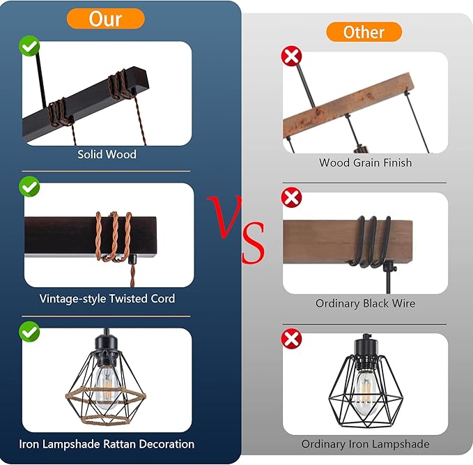 4 Light Kitchen Island Lighting, Farmhouse Chandeliers for Dining Room Light Fixtures Over Table, Modern Wood Pendant Lights Kitchen Island with Metal Lampshade