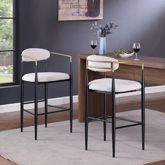 Padded Bar Stool Set with Backrest (2-Piece) — 29.75-inch seat Height fits Kitchen Islands 40.5 inches and Above, Supports up to 260 lbs. (Beige,Boucle)