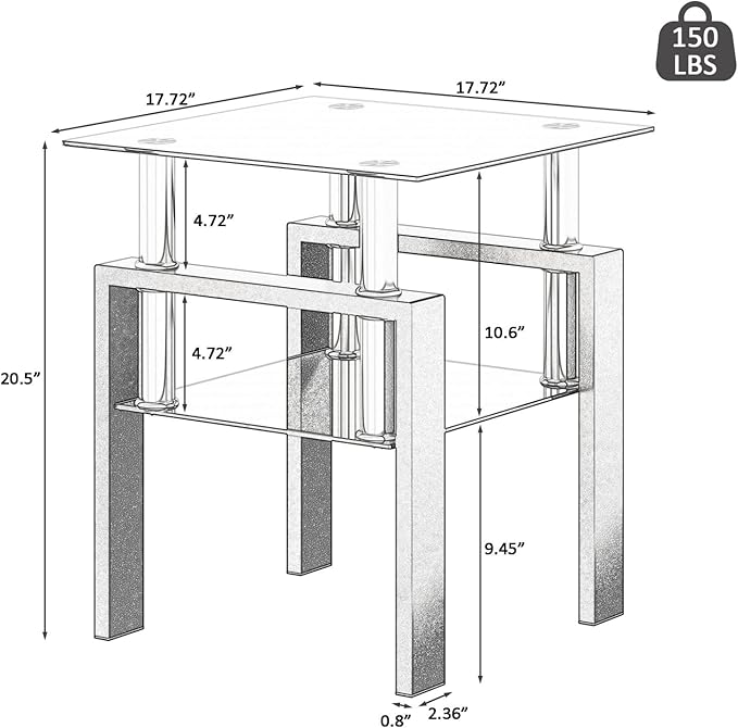 IANIYA Modern Glass Side Table, 2-Tier End Table with Tempered Glass Top & Metal Legs, Night Stand Corner Small Table for Living Room, Bedroom, Small Space All Black