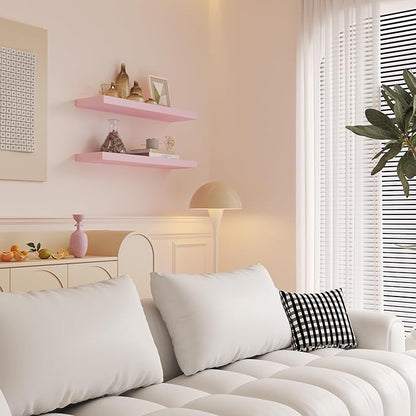 PopiShelves Pink Floating Shelves for Wall - 17 Inch Natural Wood Shelves for Bathroom, Bedroom, Kitchen Decor, Farmhouse Decor Set of 2