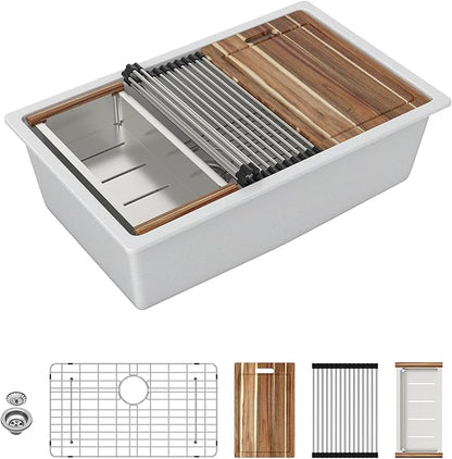 Sarlai 30 Granite Composite Kitchen Sink - 30 x 19 Inch Granite Undermount Kitchen Sink Ledge Workstation Under-Mount White Quartz Classic Single Bowl Sinks Under Counter Basin