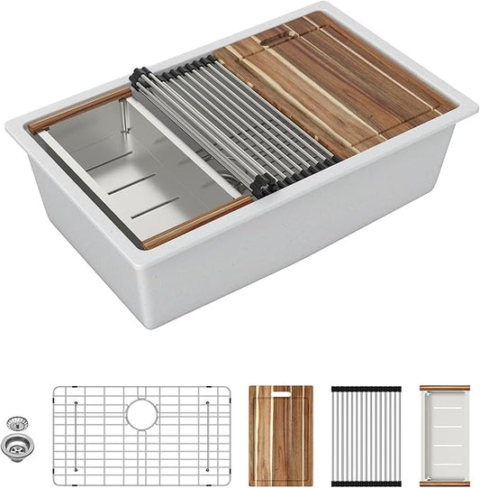 Sarlai 30 Granite Composite Kitchen Sink - 30 x 19 Inch Granite Undermount Kitchen Sink Ledge Workstation Under-Mount White Quartz Classic Single Bowl Sinks Under Counter Basin