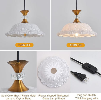 Plug in Gold Pendant Light Plugin Kitchen White Glass Pendant Lighting Fixtures with Cord Switch Vintage Hanging Lamp for Island Dining Table Bedroom Living Room
