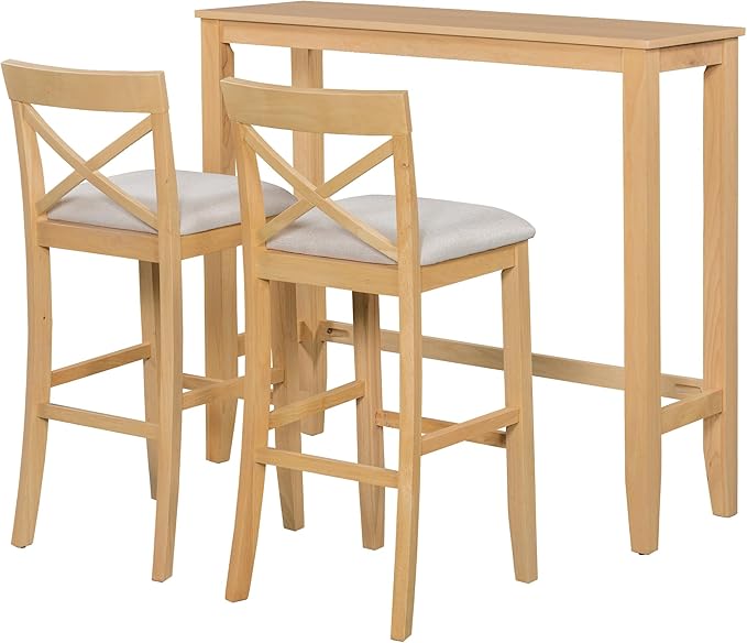 LUMISOL 3 Piece Pub Table and Chair Set, Small Wood Counter Height Bar Table Set for 2, Breakfast Nook Table Set, 3 Piece High Top Dining Table for Kitchen, Natural