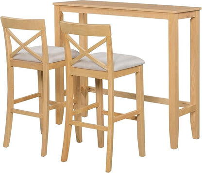 LUMISOL 3 Piece Pub Table and Chair Set, Small Wood Counter Height Bar Table Set for 2, Breakfast Nook Table Set, 3 Piece High Top Dining Table for Kitchen, Natural