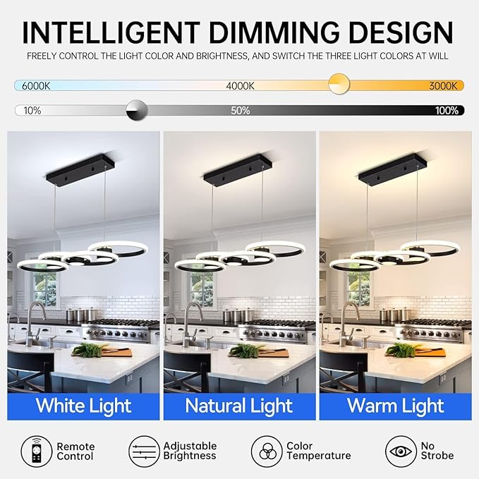 Modern LED Chandelier Light, 3000-6500K Dimmable Modern Pendant Light Fixture with Remote Control, Height-Adjustable Island Light Ceiling Hanging for Dining Room Kitchen (Black, 4Ring- 33IN)
