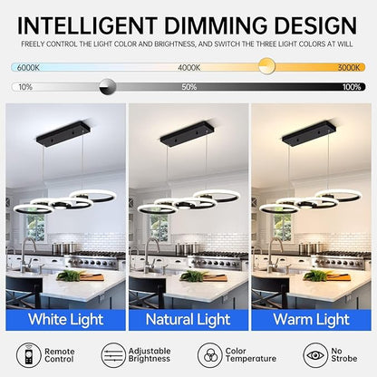 Modern LED Chandelier Light, 3000-6500K Dimmable Modern Pendant Light Fixture with Remote Control, Height-Adjustable Island Light Ceiling Hanging for Dining Room Kitchen (Black, 4Ring- 33IN)