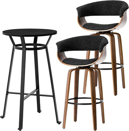 Glitzhome Bar Table and Chairs, Gray Fabric Adjustable Swivel Bar Stools Set of 2, Round Black Cocktail Pub Table for Kitchen Island Bistro Office Living Room Dining Room Small Space Restaurant