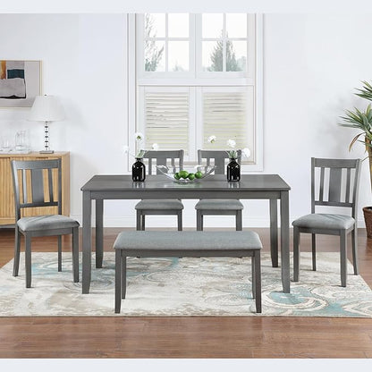 6-Piece Wooden Dining Table Set with 4 Upholstered Chairs and 1 Bench, Rectangular Kitchen Table Set for 6 People, Modern Dining Room Table for Kitchen and Dining, Gray