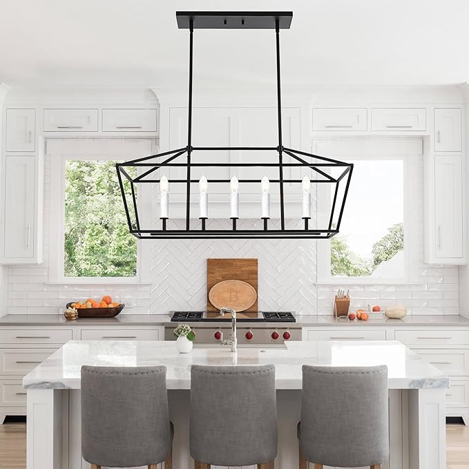 VINLUZ E12 5 Light Industrial Kitchen Island Lighting in Black and White Finish Classic Pendant Light Metal Chandelier Hanging Lights for Living Room