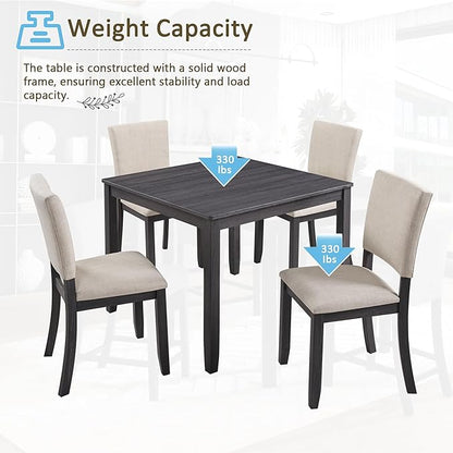 5-Piece Modern Wooden Dining Table Set for 4, Dining Table Set for 4 People with Upholstered Chairs, Square Kitchen Table and Chairs Set for Dining Room and Kitchen, Antique Black + Beige