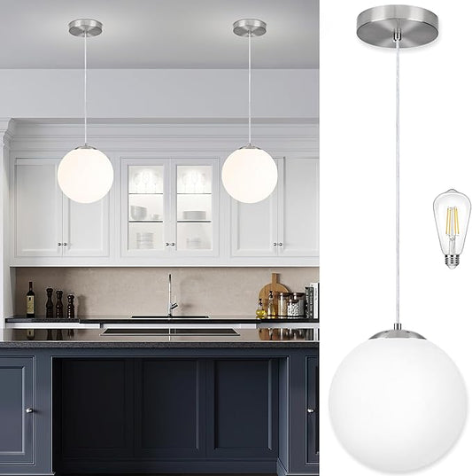 KoKo&Yukina 10 Inch Pendant Light Nickel Globe Pendant Lights Kitchen Island Mid Century Light Fixture Adjustable Globe Pendants Lights with Milky White Glass Shade for Dining Room Living Room