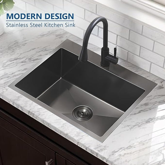 Black Drop In Kitchen Sink 25x22, Top Mount Gunmetal Black RV Laundry Utility Sink 16 Gauge Stainless Steel 8 Deep Single Bowl with Drain