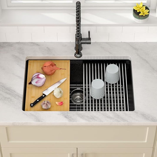 Dcolora 28 In. Matte Black Undermount Granite Composite Sink, Single Bowl Workstation Kitchen Sink, Quartz Blend Construction, Modern Ledge Design, 28"x19"x10" #DC-GU0004BS