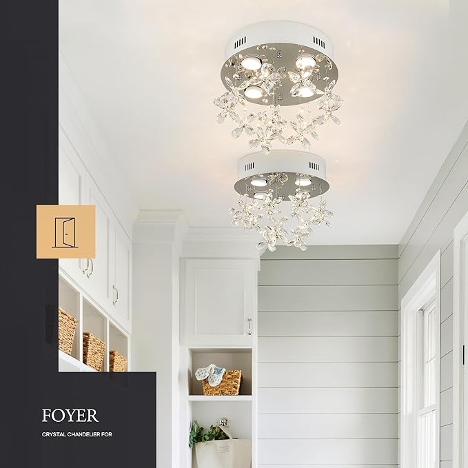 4-Lights Modern Chandelier K9 Crystal Lighting Fixture,11.8 Inch Round Silver Stainless Steel Flush Mount Ceiling Lights for Bedroom Foyer Hallway Dining Room,GU10 Bulbs Include